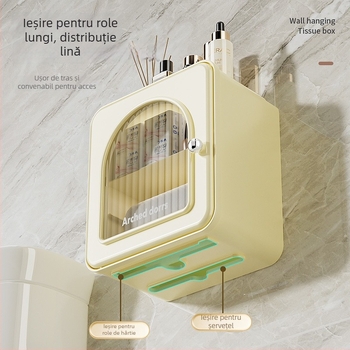 Cutie de șervețele montată pe perete pentru baie — impermeabilă, multifuncțională, model 6801, PP + țeavă din oțel inoxidabil