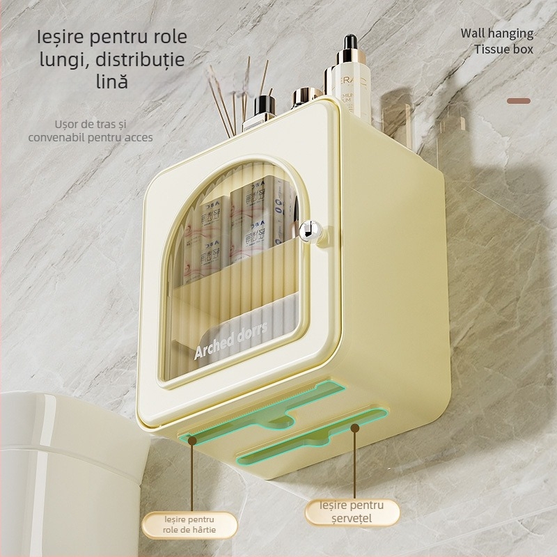 Cutie de șervețele montată pe perete pentru baie — impermeabilă, multifuncțională, model 6801, PP + țeavă din oțel inoxidabil