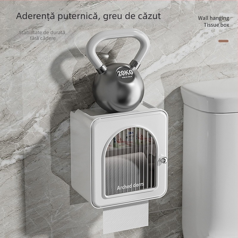 Cutie de șervețele montată pe perete pentru baie — impermeabilă, multifuncțională, model 6801, PP + țeavă din oțel inoxidabil