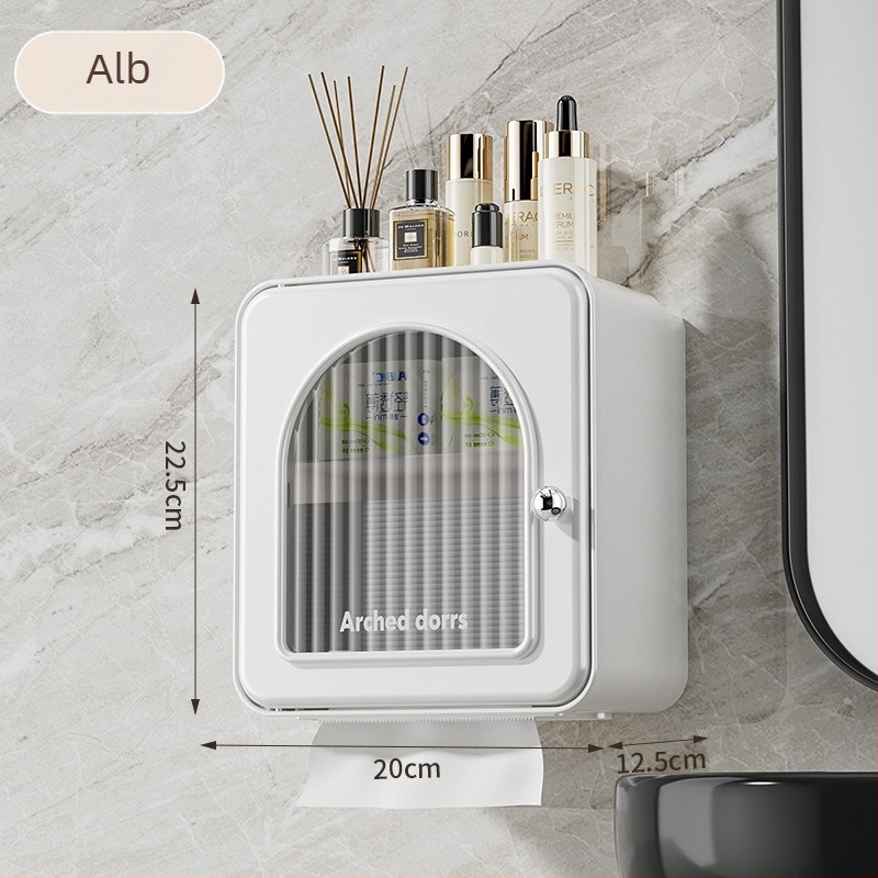 Cutie de șervețele montată pe perete pentru baie — impermeabilă, multifuncțională, model 6801, PP + țeavă din oțel inoxidabil