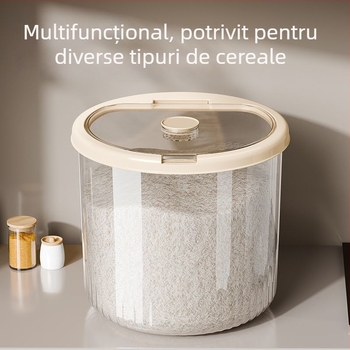 Recipient rotund din plastic transparent pentru orez – sigilat, rezistent la umezeală și insecte, plastic PP, capacitate 4–5 L