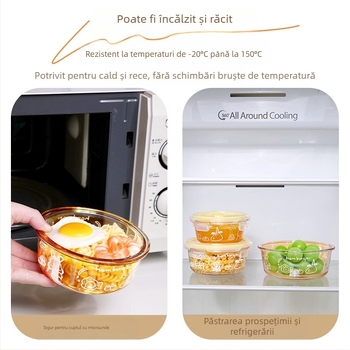 Recipient circular din sticlă borosilica pentru conservarea prospețimii, compatibil cu cuptorul cu microunde, congelabil, 501–800 ml