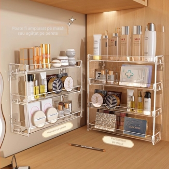 Raft de depozitare pentru cosmetice, montat pe perete, transparent, cu 5 etaje, din plastic, demontare fără unelte