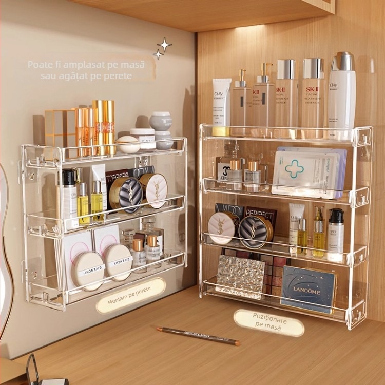 Raft de depozitare pentru cosmetice, montat pe perete, transparent, cu 5 etaje, din plastic, demontare fără unelte