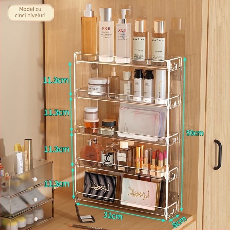 Raft de depozitare pentru cosmetice, montat pe perete, transparent, cu 5 etaje, din plastic, demontare fără unelte
