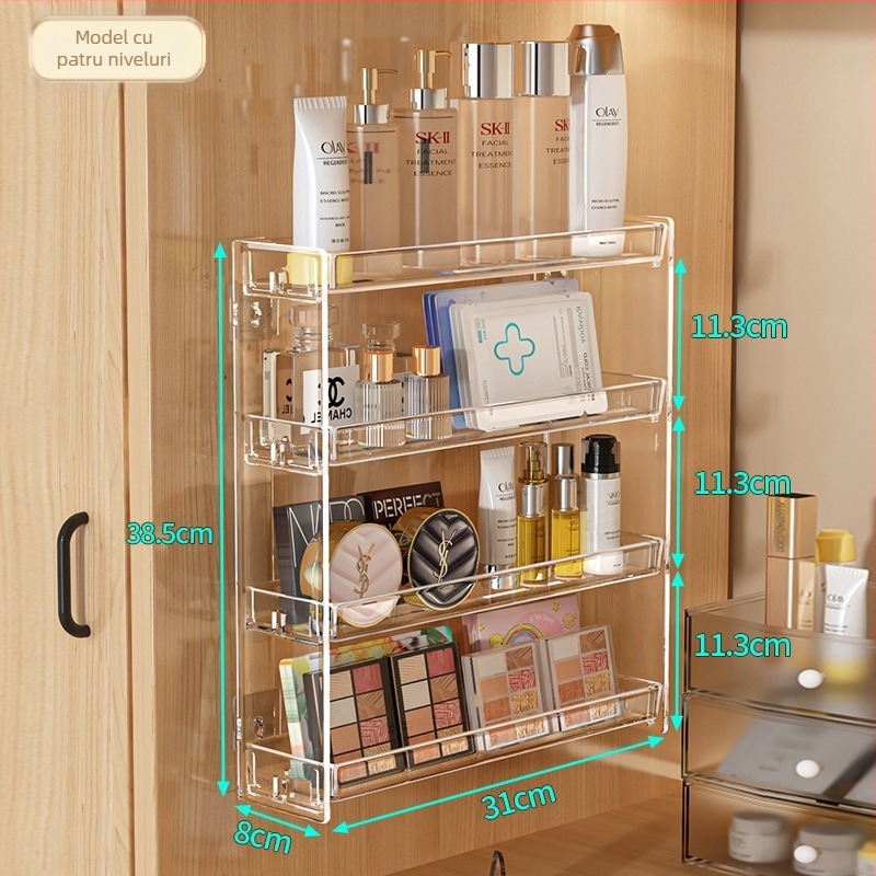 Raft de depozitare pentru cosmetice, montat pe perete, transparent, cu 5 etaje, din plastic, demontare fără unelte