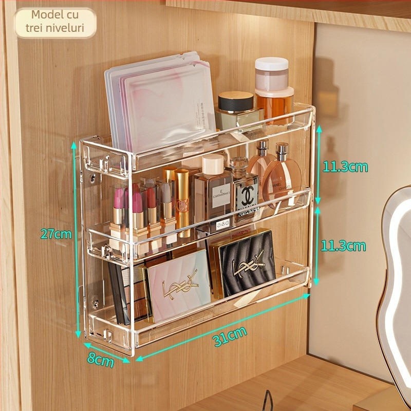 Raft de depozitare pentru cosmetice, montat pe perete, transparent, cu 5 etaje, din plastic, demontare fără unelte