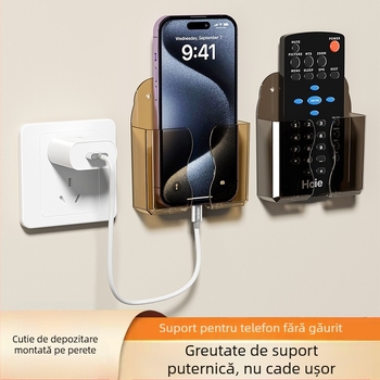 Raft montat pe perete pentru telefon, cu compartiment pentru telecomandă și suport de încărcare, din plastic, model 0001, fără montaj