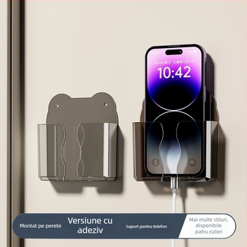 Raft montat pe perete pentru telefon, cu compartiment pentru telecomandă și suport de încărcare, din plastic, model 0001, fără montaj