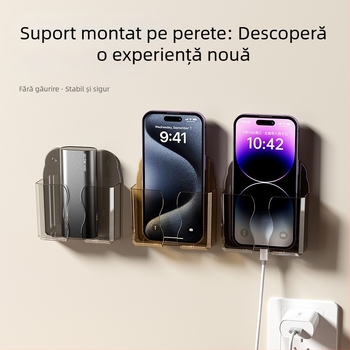 Raft montat pe perete pentru telefon, cu compartiment pentru telecomandă și suport de încărcare, din plastic, model 0001, fără montaj