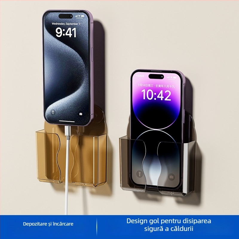 Raft montat pe perete pentru telefon, cu compartiment pentru telecomandă și suport de încărcare, din plastic, model 0001, fără montaj