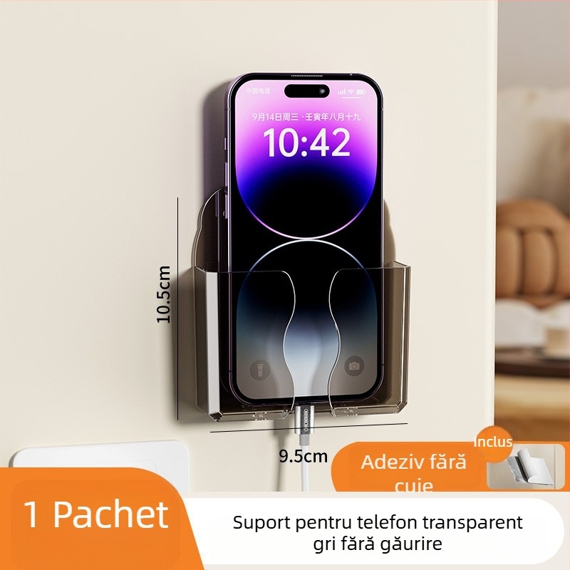 Raft montat pe perete pentru telefon, cu compartiment pentru telecomandă și suport de încărcare, din plastic, model 0001, fără montaj