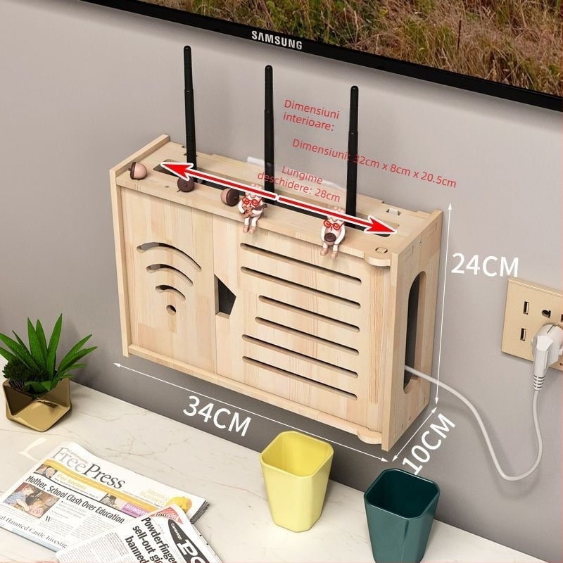 Cutie de stocare pentru router, montată pe perete, lemn masiv, model 00011, imprimare logo disponibilă, montaj fără găuri