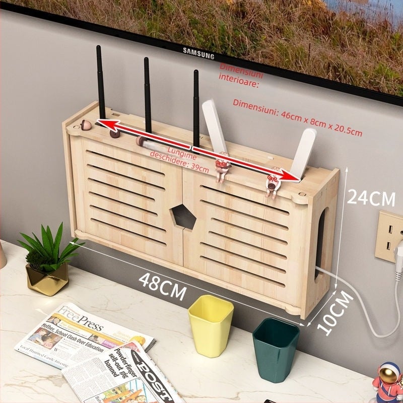 Cutie de stocare pentru router, montată pe perete, lemn masiv, model 00011, imprimare logo disponibilă, montaj fără găuri