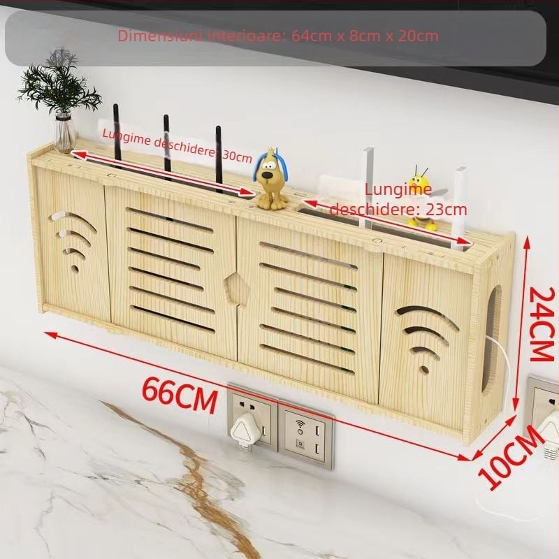 Cutie de stocare pentru router, montată pe perete, lemn masiv, model 00011, imprimare logo disponibilă, montaj fără găuri