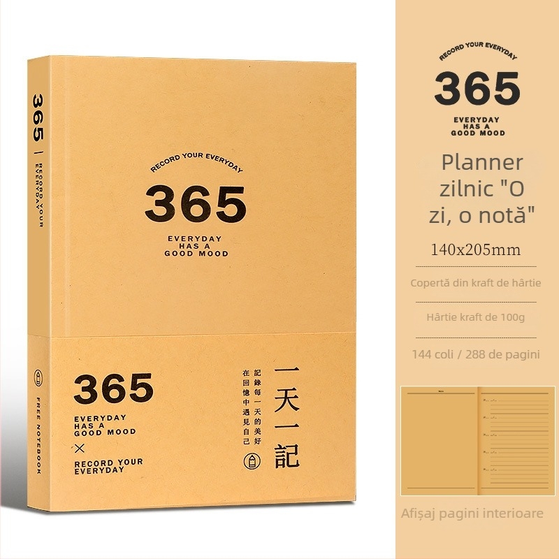 Jurnal-planificator de 365 de zile, hârtie kraft, 100–200 pagini, legătură cusută, stil nostalgic retro