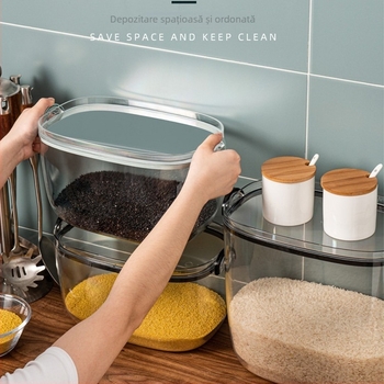 Cutie de depozitare orez, material PS, capacitate 9-10 L, sigilată, protecție împotriva umezelii și dăunătorilor, design modern minimalist