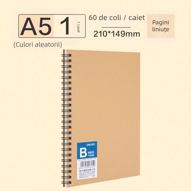  Caiet Deli cu copertă kraft, legătură spirală, 60 pagini, hârtie din pulpă de lemn 80 gsm, set de 4 bucăți