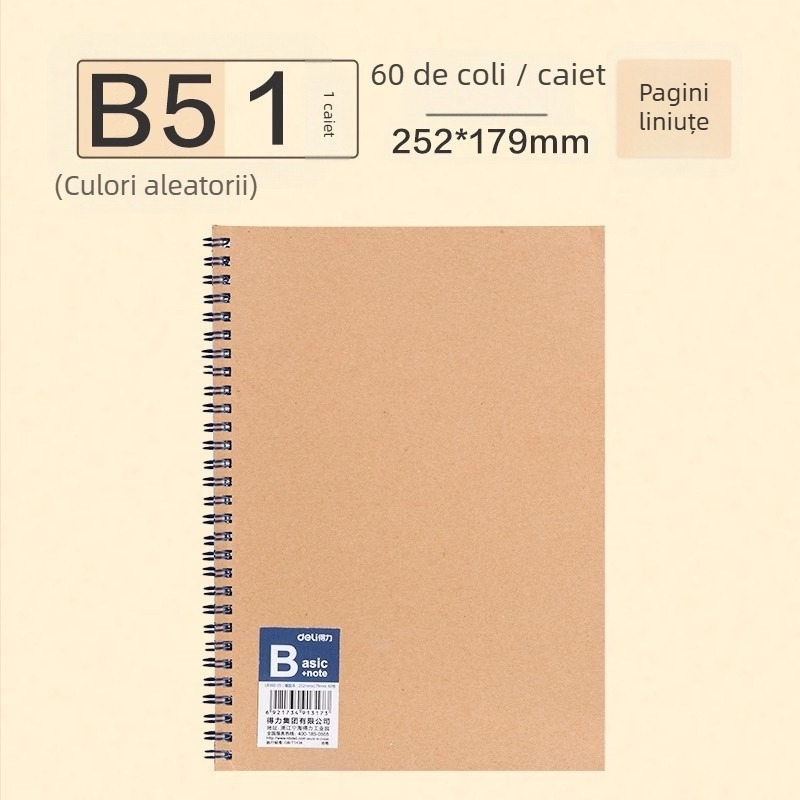  Caiet Deli cu copertă kraft, legătură spirală, 60 pagini, hârtie din pulpă de lemn 80 gsm, set de 4 bucăți