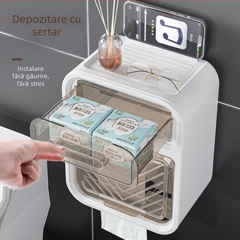 Cutie de hârtie igienică montată pe perete - polipropilenă, rezistentă la apă, fără găuri, pentru role de hârtie, design modern minimalist