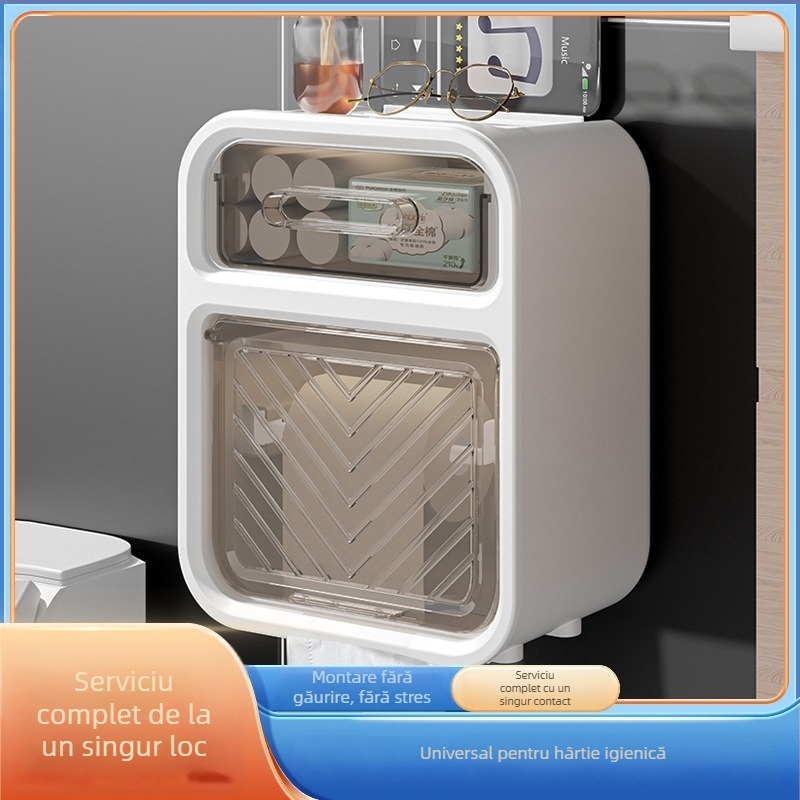 Cutie de hârtie igienică montată pe perete - polipropilenă, rezistentă la apă, fără găuri, pentru role de hârtie, design modern minimalist