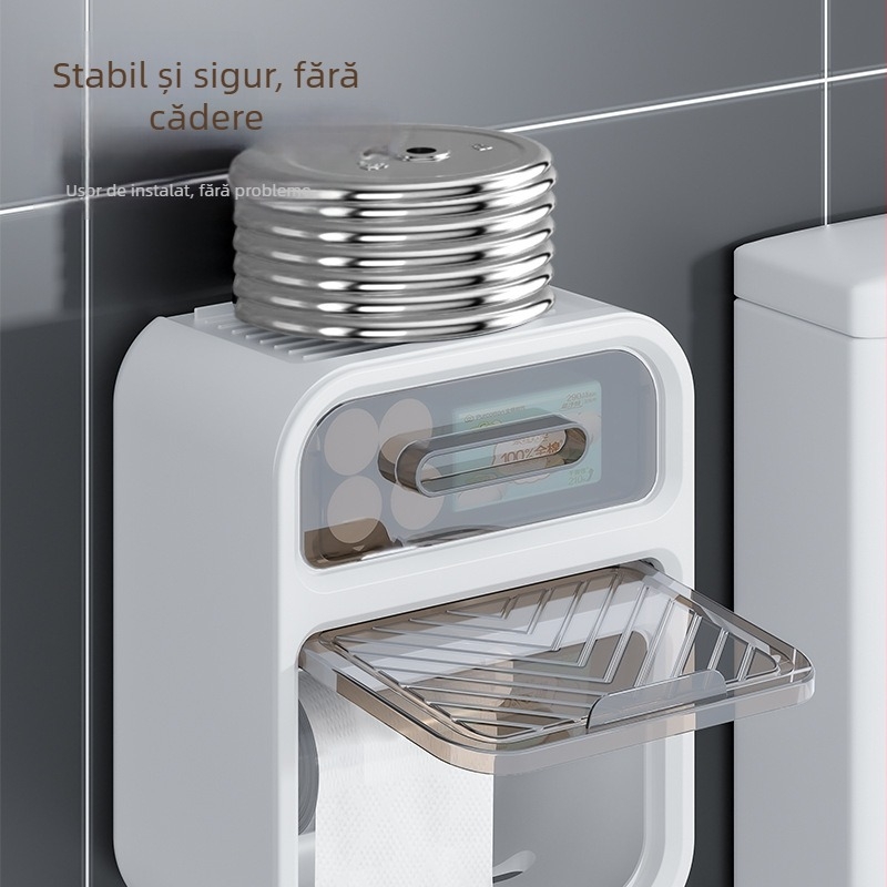 Cutie de hârtie igienică montată pe perete - polipropilenă, rezistentă la apă, fără găuri, pentru role de hârtie, design modern minimalist
