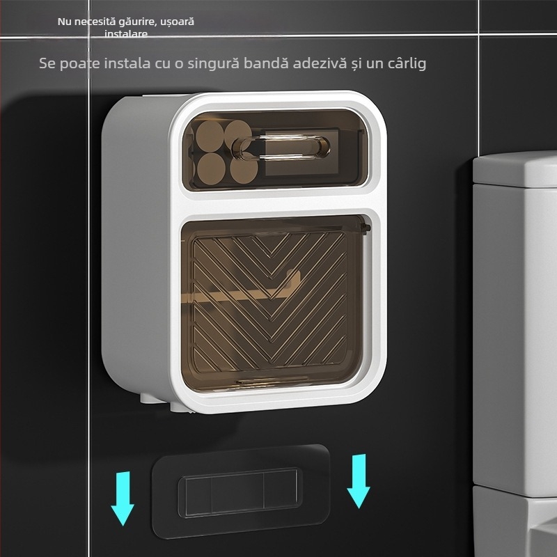 Cutie de hârtie igienică montată pe perete - polipropilenă, rezistentă la apă, fără găuri, pentru role de hârtie, design modern minimalist