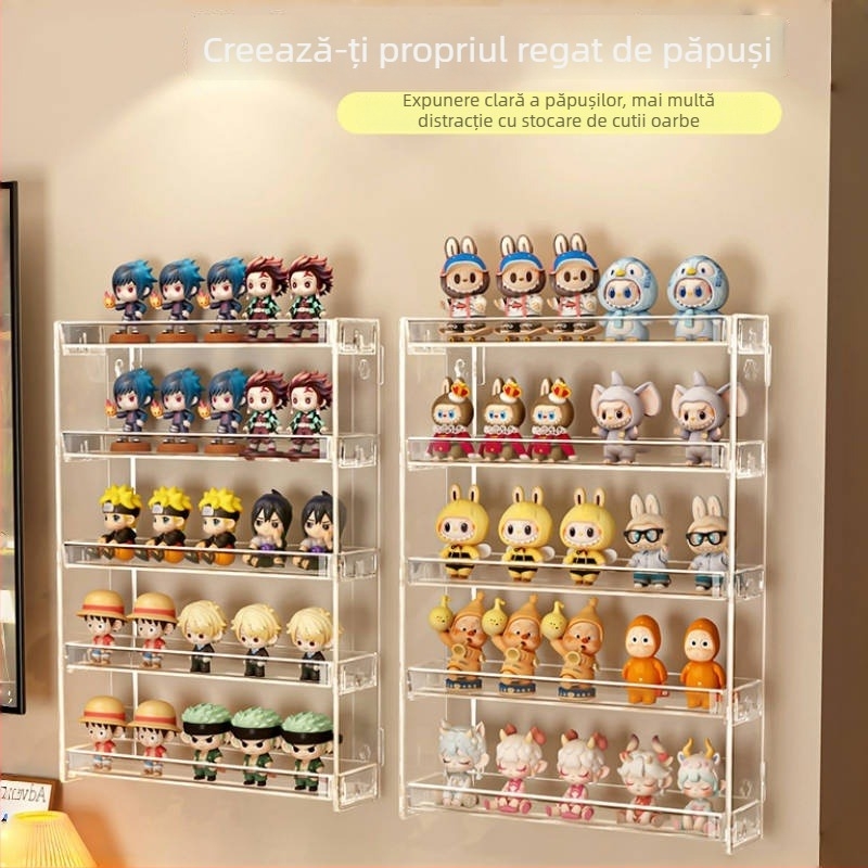 Raft de afișaj pentru cutii misterioase pentru păpuși, montat pe perete, model 888-3, plastic, pliabil, personalizare disponibilă și imprimare logo