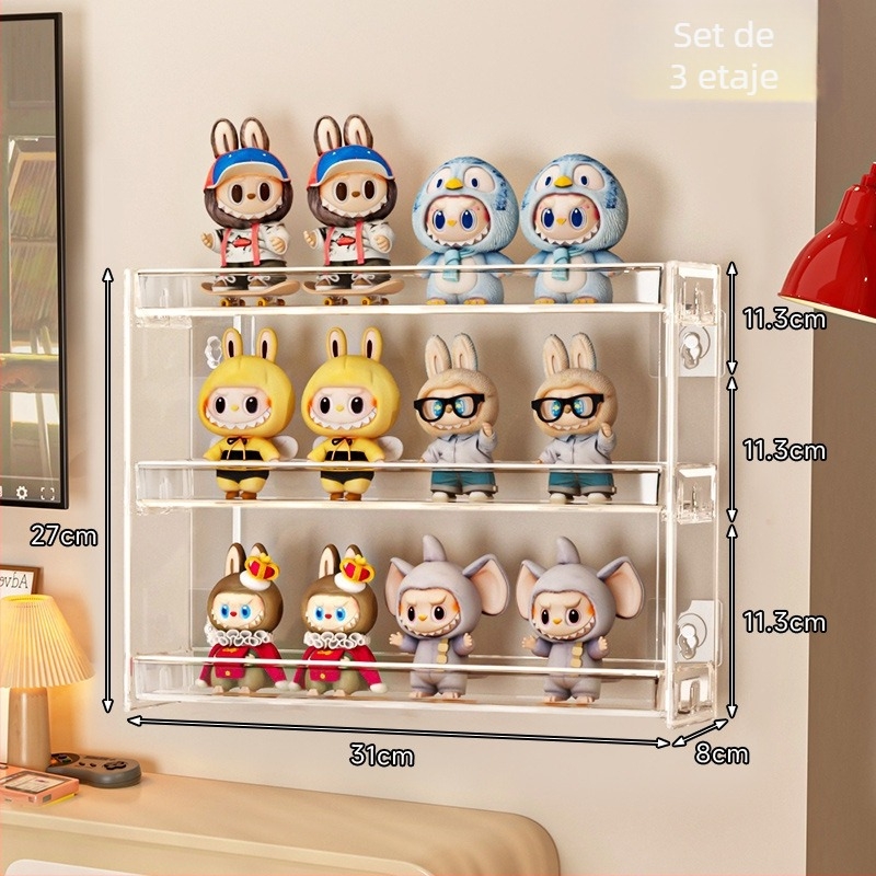 Raft de afișaj pentru cutii misterioase pentru păpuși, montat pe perete, model 888-3, plastic, pliabil, personalizare disponibilă și imprimare logo