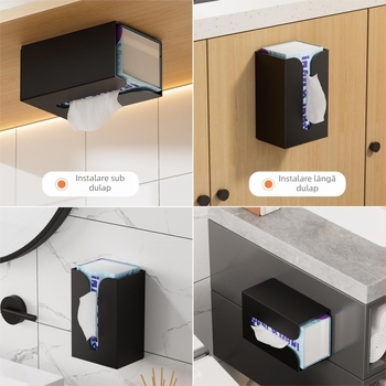 Cutie pentru șervețele de perete, montaj fără găuri, din aluminiu Space Aluminum, model M, multifuncțională, potrivită pentru living și baie