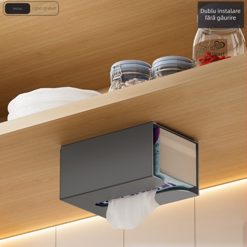 Cutie pentru șervețele de perete, montaj fără găuri, din aluminiu Space Aluminum, model M, multifuncțională, potrivită pentru living și baie