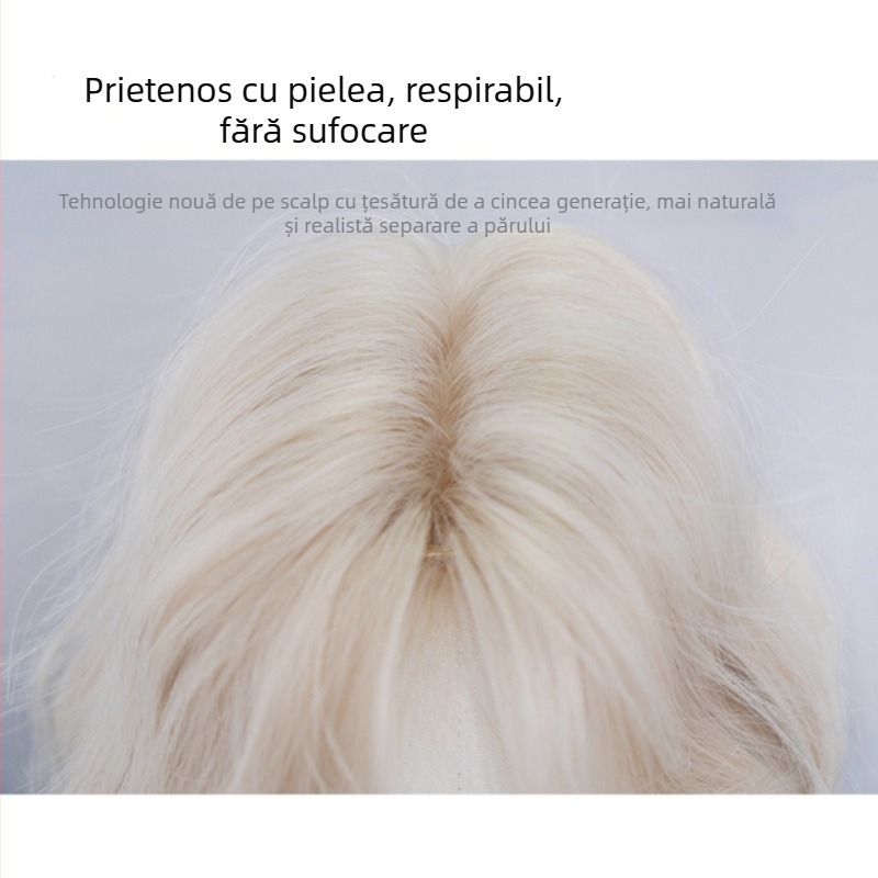 Perucă, păr scurt buclat, handmade, stil natural (Modelul 577; Mătase autohtonă; Bretoni drept sau înclinat; Nu poate fi vopsită)