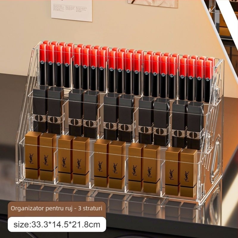 Raft vertical pentru cosmetice din PET – organizator pliabil pentru rujuri și luciu pentru buze, cu 3+ etaje