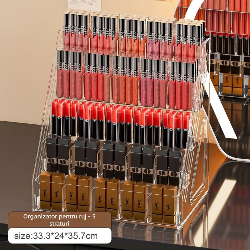 Raft vertical pentru cosmetice din PET – organizator pliabil pentru rujuri și luciu pentru buze, cu 3+ etaje