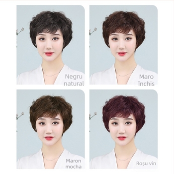 Perucă din păr uman, complet țesută manual, păr scurt ondulat, model A744, pentru femei, poate fi vopsită