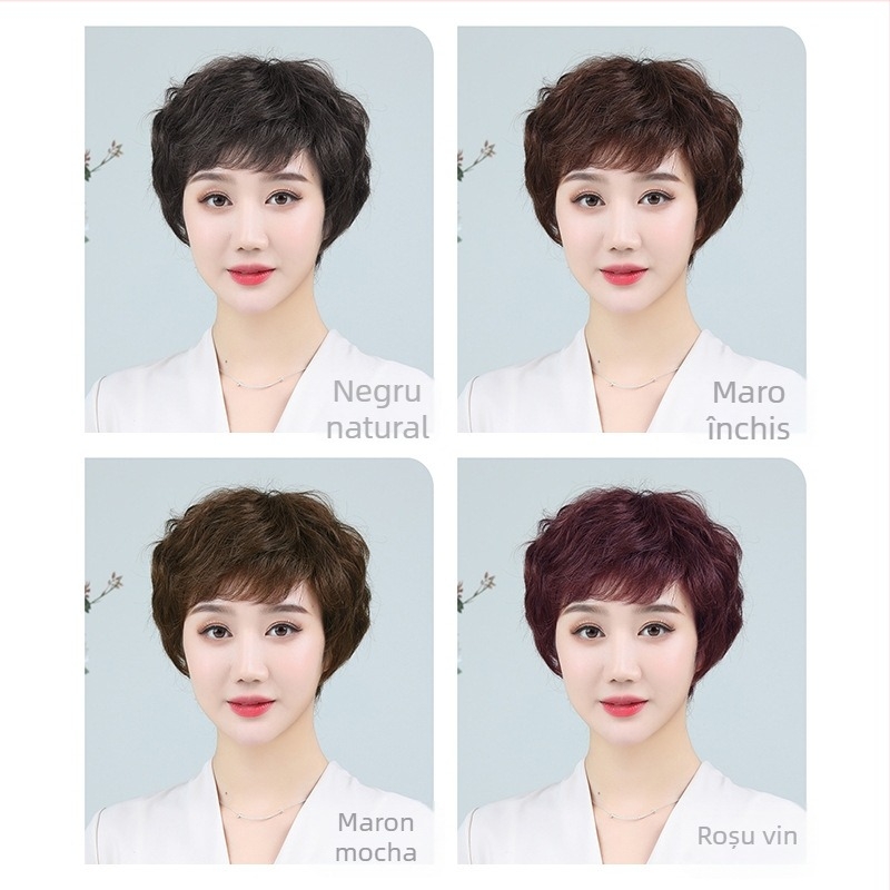 Perucă din păr uman, complet țesută manual, păr scurt ondulat, model A744, pentru femei, poate fi vopsită