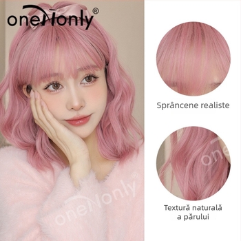 Perucă LC210-1, oneNonly — păr de mătase, breton scurt buclat Qi, stil cosplay japonez-coreean drăguț