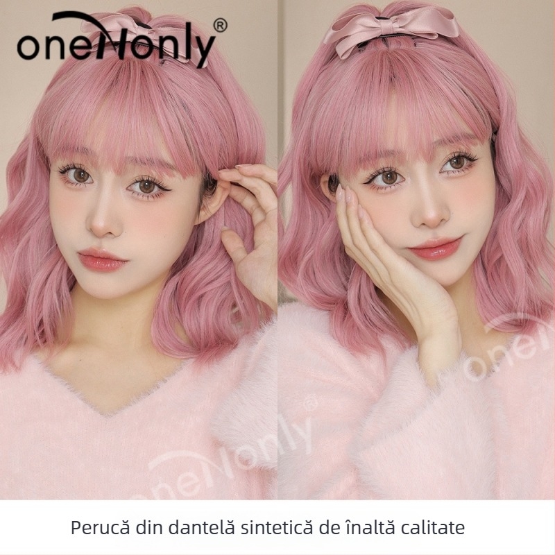 Perucă LC210-1, oneNonly — păr de mătase, breton scurt buclat Qi, stil cosplay japonez-coreean drăguț