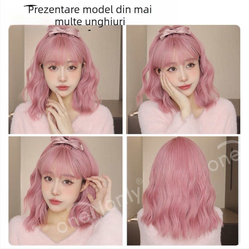 Perucă LC210-1, oneNonly — păr de mătase, breton scurt buclat Qi, stil cosplay japonez-coreean drăguț