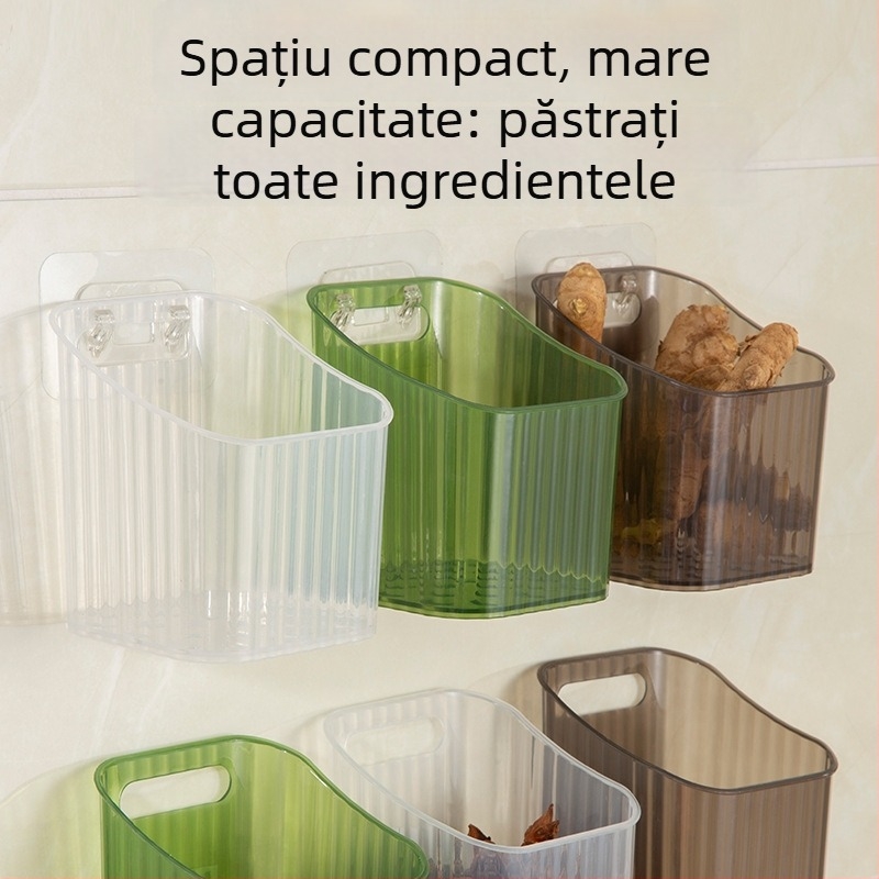 Organizator de bucătărie montat pe perete pentru ceapă, ghimbir și usturoi – recipient din plastic, montaj fără găuri, design modern minimalist, greutate 50 g