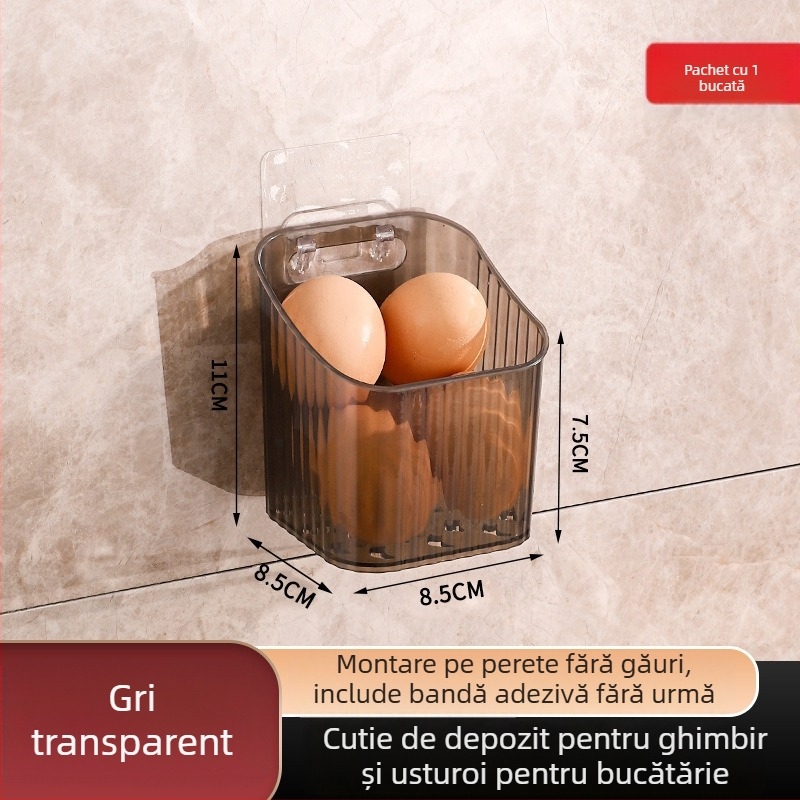 Organizator de bucătărie montat pe perete pentru ceapă, ghimbir și usturoi – recipient din plastic, montaj fără găuri, design modern minimalist, greutate 50 g