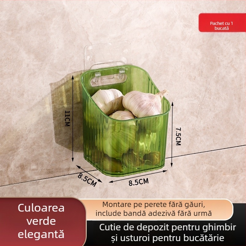 Organizator de bucătărie montat pe perete pentru ceapă, ghimbir și usturoi – recipient din plastic, montaj fără găuri, design modern minimalist, greutate 50 g