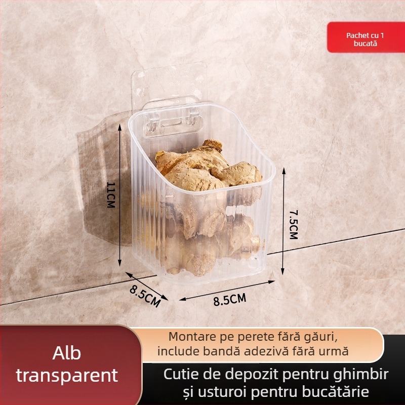 Organizator de bucătărie montat pe perete pentru ceapă, ghimbir și usturoi – recipient din plastic, montaj fără găuri, design modern minimalist, greutate 50 g