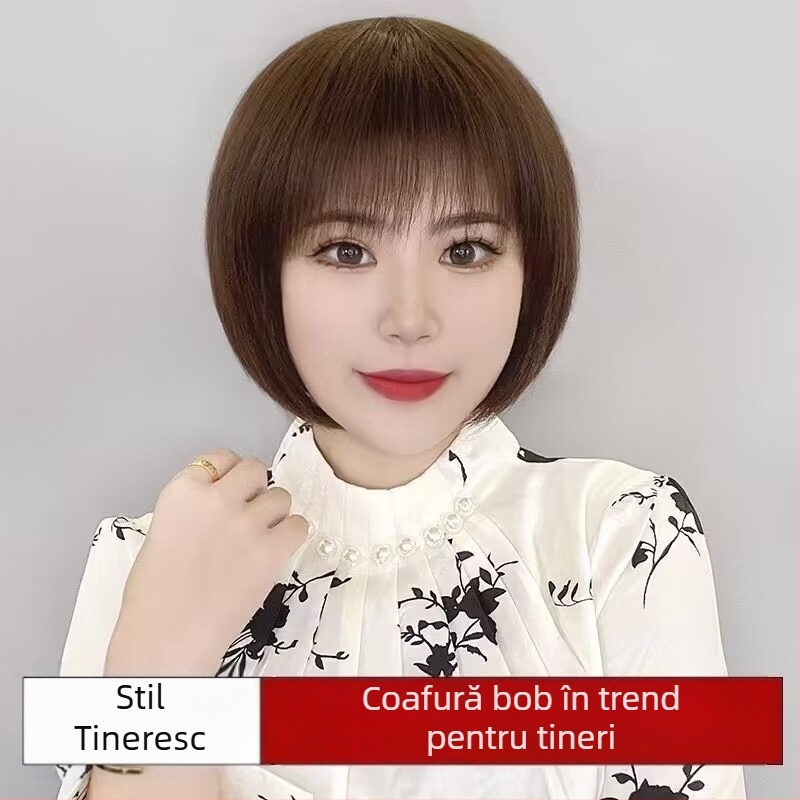 Perucă pentru femei cu păr scurt drept, breton oblic, aspect natural, fibre rezistente la temperaturi înalte, model 16025