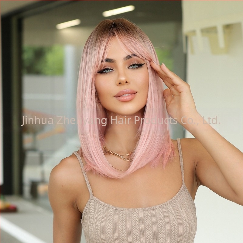 Perucă pentru femei, stil exotic, perucă ondulată pentru cap cu breton drept, fibre rezistente la temperatură