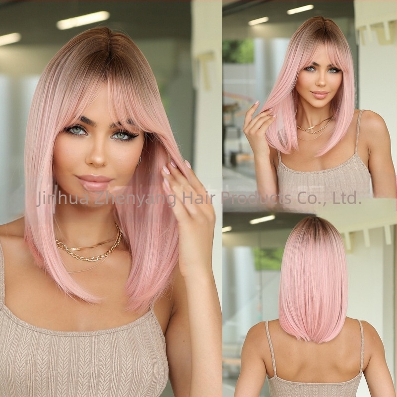 Perucă pentru femei, stil exotic, perucă ondulată pentru cap cu breton drept, fibre rezistente la temperatură