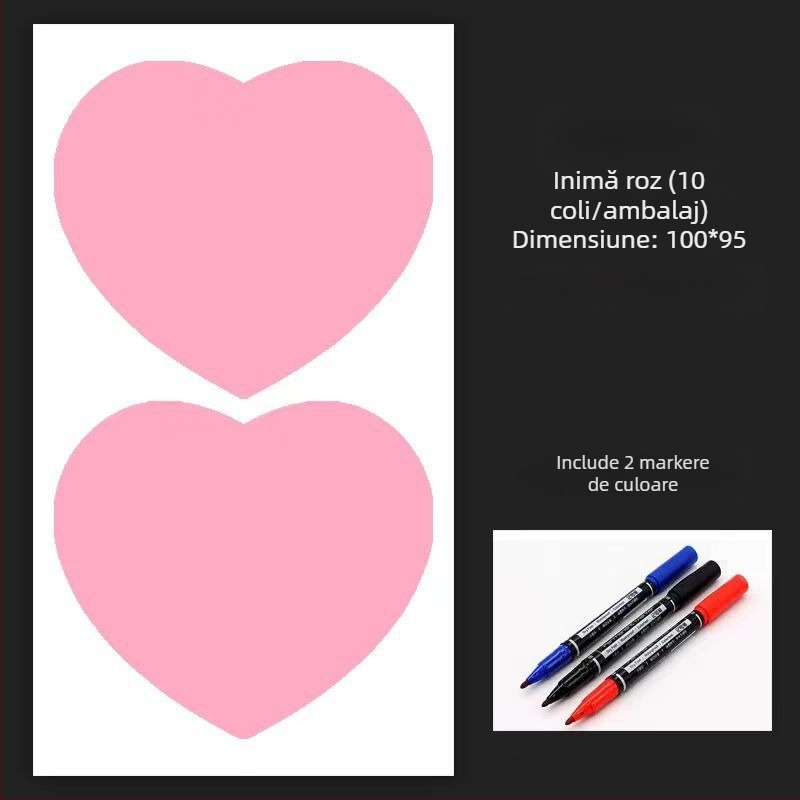 Etichetă cu nume autoadezivă, formă de inimă, pentru haine; material: hârtie acoperită cu strat autoadeziv; suport: hârtie Glassine; tip adeziv: adeziv topit la cald; rezistență la tracțiune: mare; rezistență la temperatură: până la 65°C; grosime: 0,08 mm.