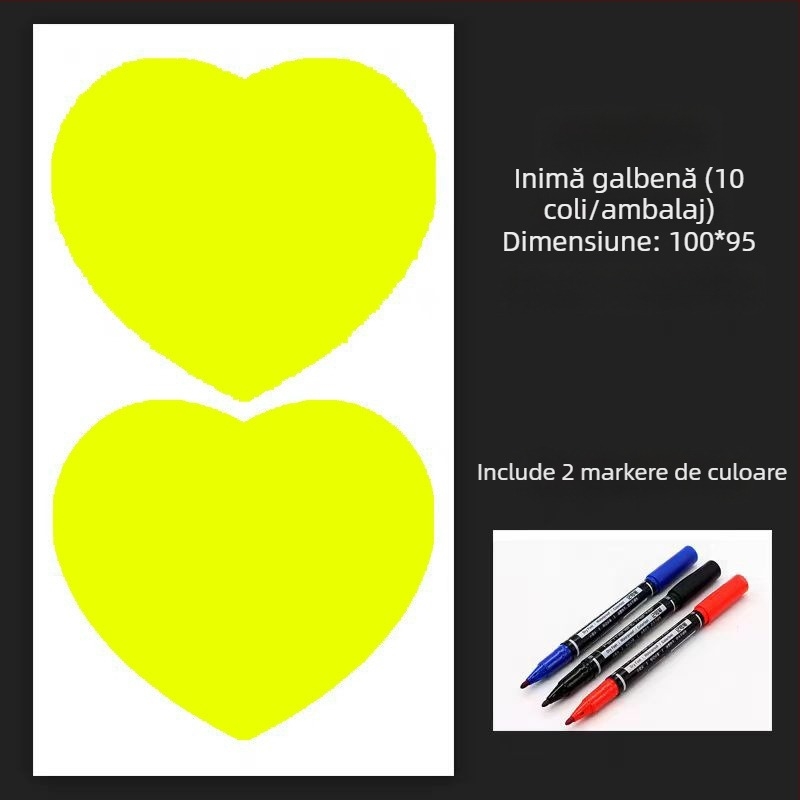 Etichetă cu nume autoadezivă, formă de inimă, pentru haine; material: hârtie acoperită cu strat autoadeziv; suport: hârtie Glassine; tip adeziv: adeziv topit la cald; rezistență la tracțiune: mare; rezistență la temperatură: până la 65°C; grosime: 0,08 mm.