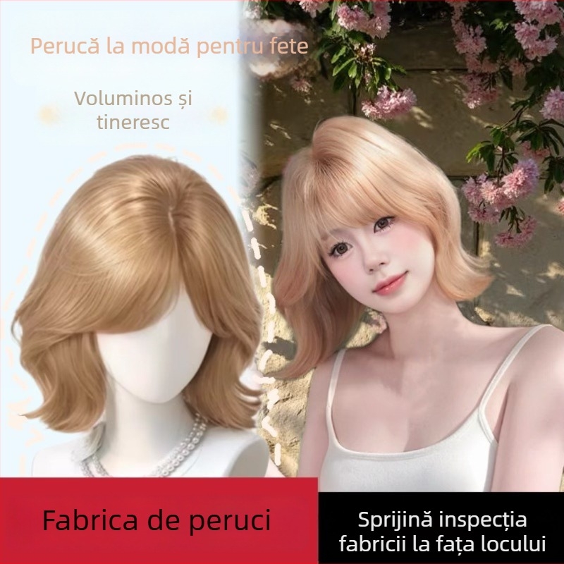 Perucă scurtă bucle cu breton, fibră sintetică rezistentă la căldură, stil natural, model LZD