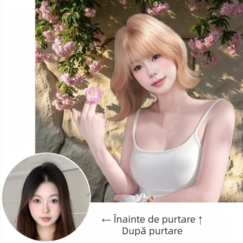 Perucă scurtă bucle cu breton, fibră sintetică rezistentă la căldură, stil natural, model LZD